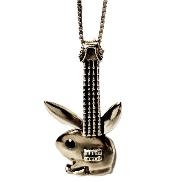 925K PLAYBOY BUNNY GUITAR PENDANT w BOX CHAIN 19" SOLID SILVER CRYSTAL EYE RARE! - Picture 4 of 14